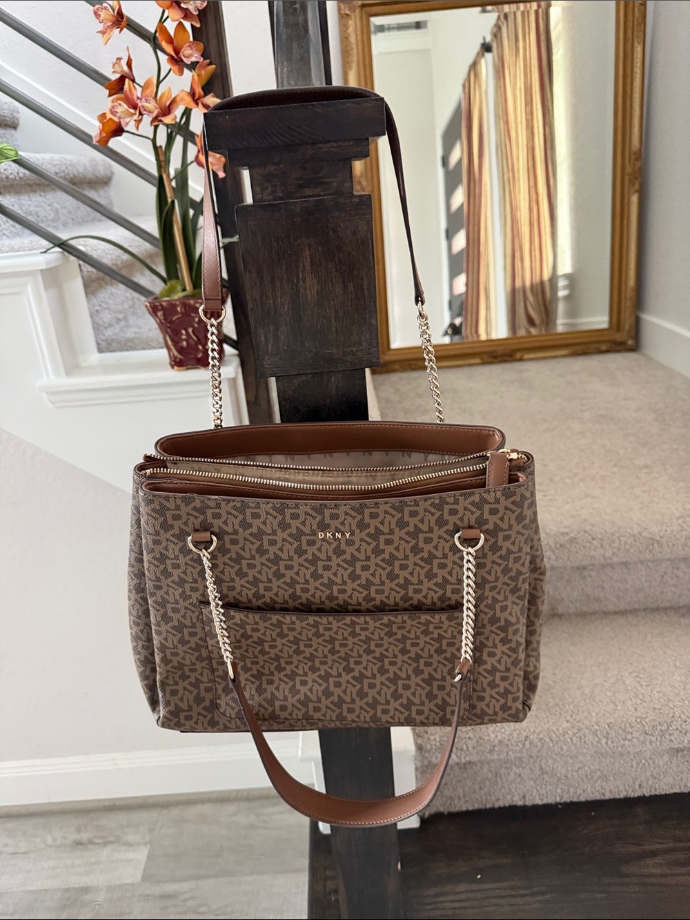 DKNY Brown Logo Monogram Tote with Gold Chain Accents